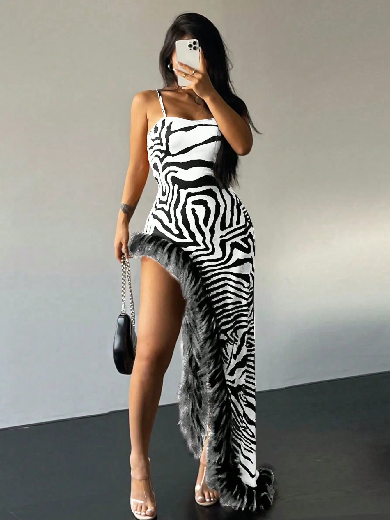 Zebra Striped Print Asymmetrical Cami Dress